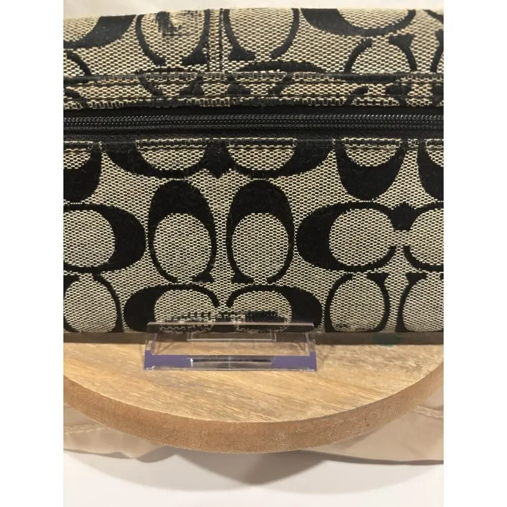 Coach Signature Black & Khaki Jacquard Trifold Wallet Checkbook Organizer
